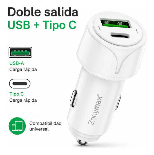 Cargador Carro Zonymax 6A Usb-c Doble Puerto Carga Rapida — foto 3