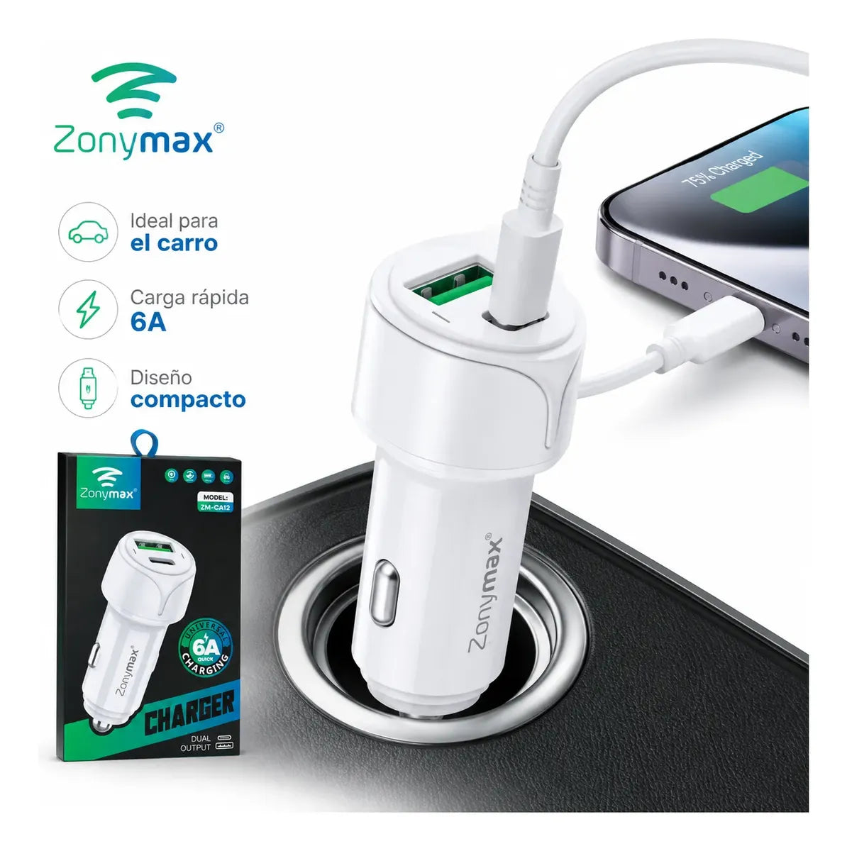 Cargador Carro Zonymax 6A Usb-c Doble Puerto Carga Rapida