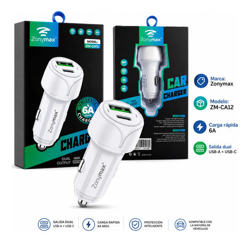 Cargador Carro Zonymax 6A Usb-c Doble Puerto Carga Rapida — foto 6