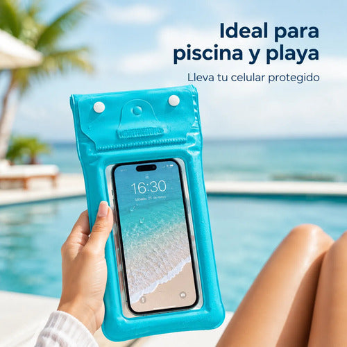 Estuche Impermeable Sumergible Para Celular Playa Piscina Azul Con Cordon Pantalla Tactil Funciona Bajo El Agua Hasta 6.9 Pulgadas — foto 6