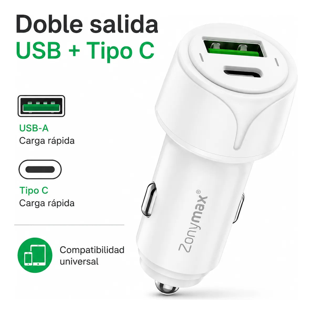 Cargador Carro Zonymax 6A Usb-c Doble Puerto Carga Rapida